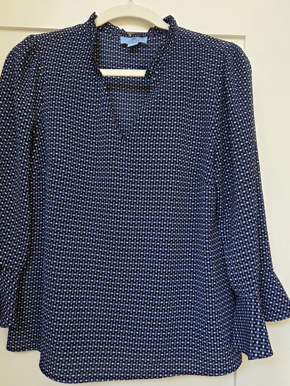 CeCe Navy Blue Polka Dot V-Neck Blouse
